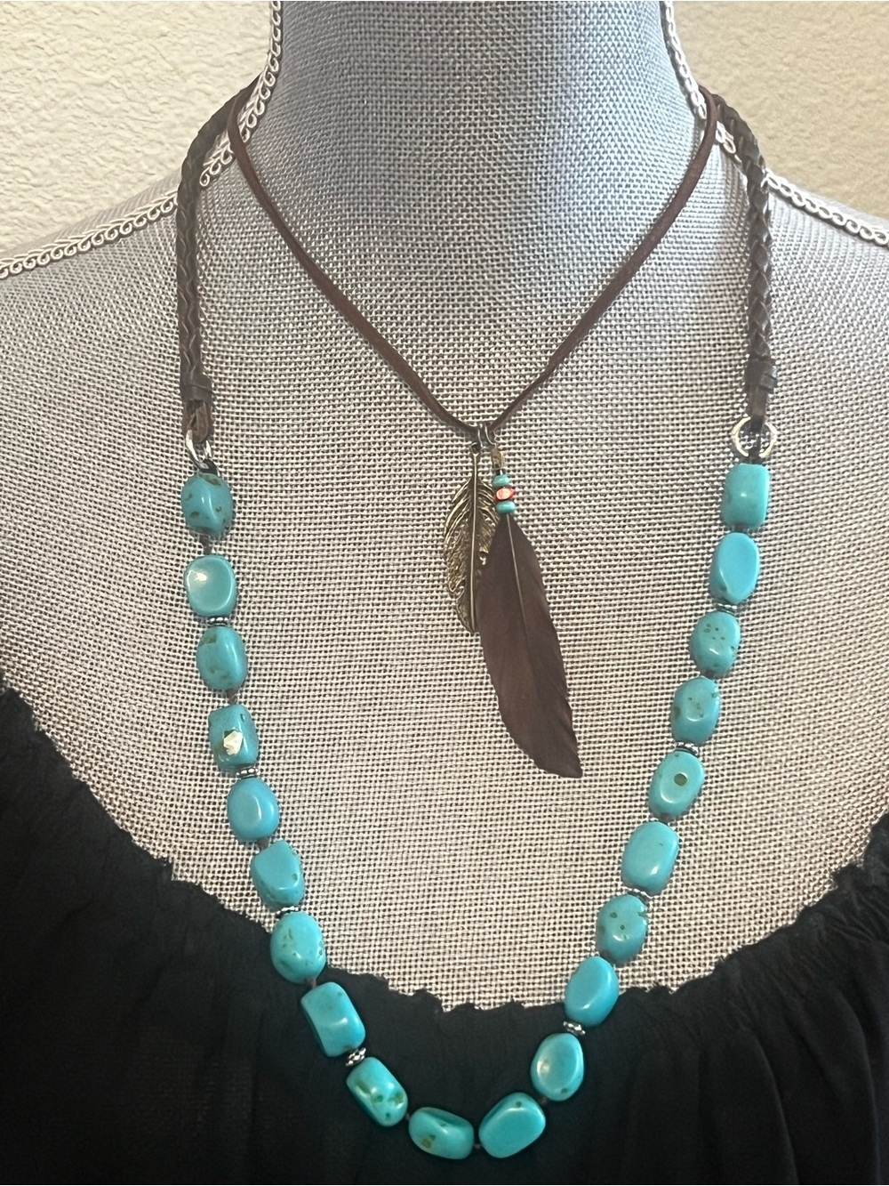 Two Boho Chic Necklaces Turquoise Beaded and Brown Feather Pendant